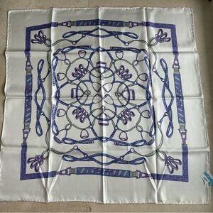 J. McLaughlin NWT White 100% Silk Scarf with Blue and Purple Equestrian Print